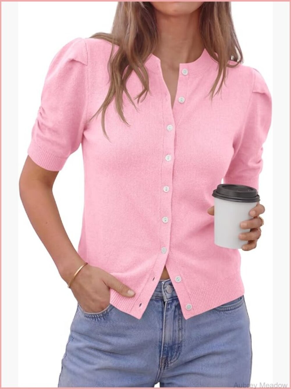 Womens Puff Short Sleeve Cardigan Sweater Lightweight Knit Crew Neck Button